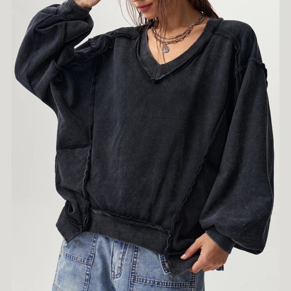 Black Acid Wash Raw Seam V Neck Oversized Sweatshirt